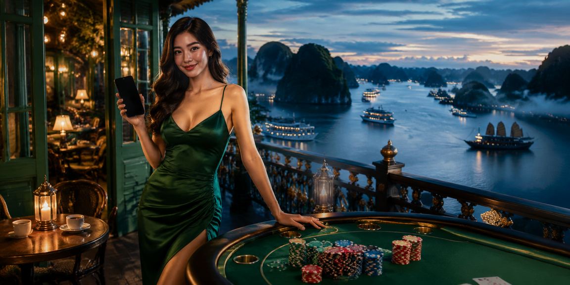 Người dùng tại vịnh Hạ Long chơi game bài trực tuyến trên thiết bị trong không gian cà phê