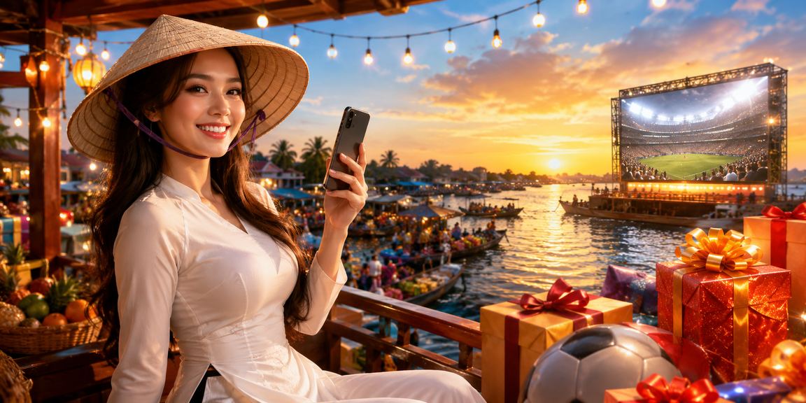 Cảnh đồng bằng sông Cửu Long với người dùng kiểm tra tài khoản xổ số trên điện thoại bên bờ sông
